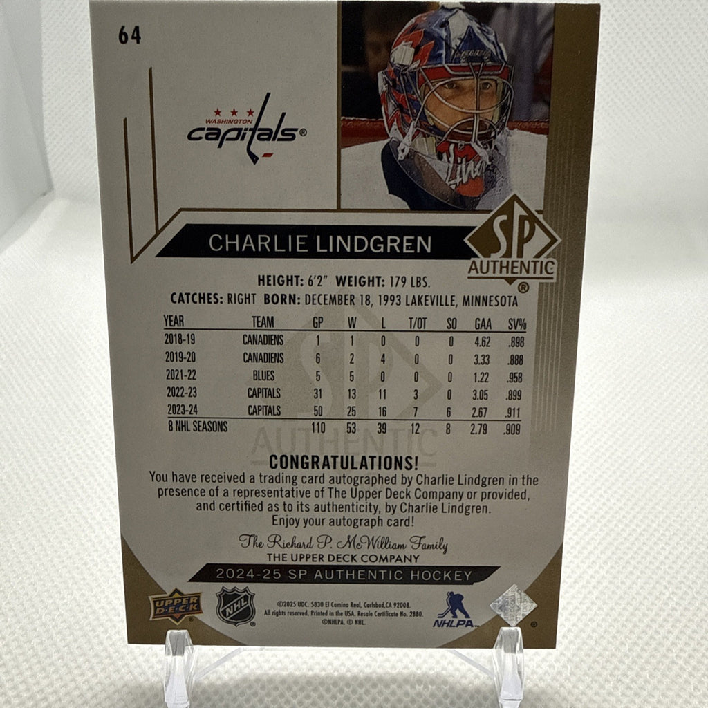 Charlie Lindgren 2024-25 SP Authentic Limited Gold Auto Washington Capitals