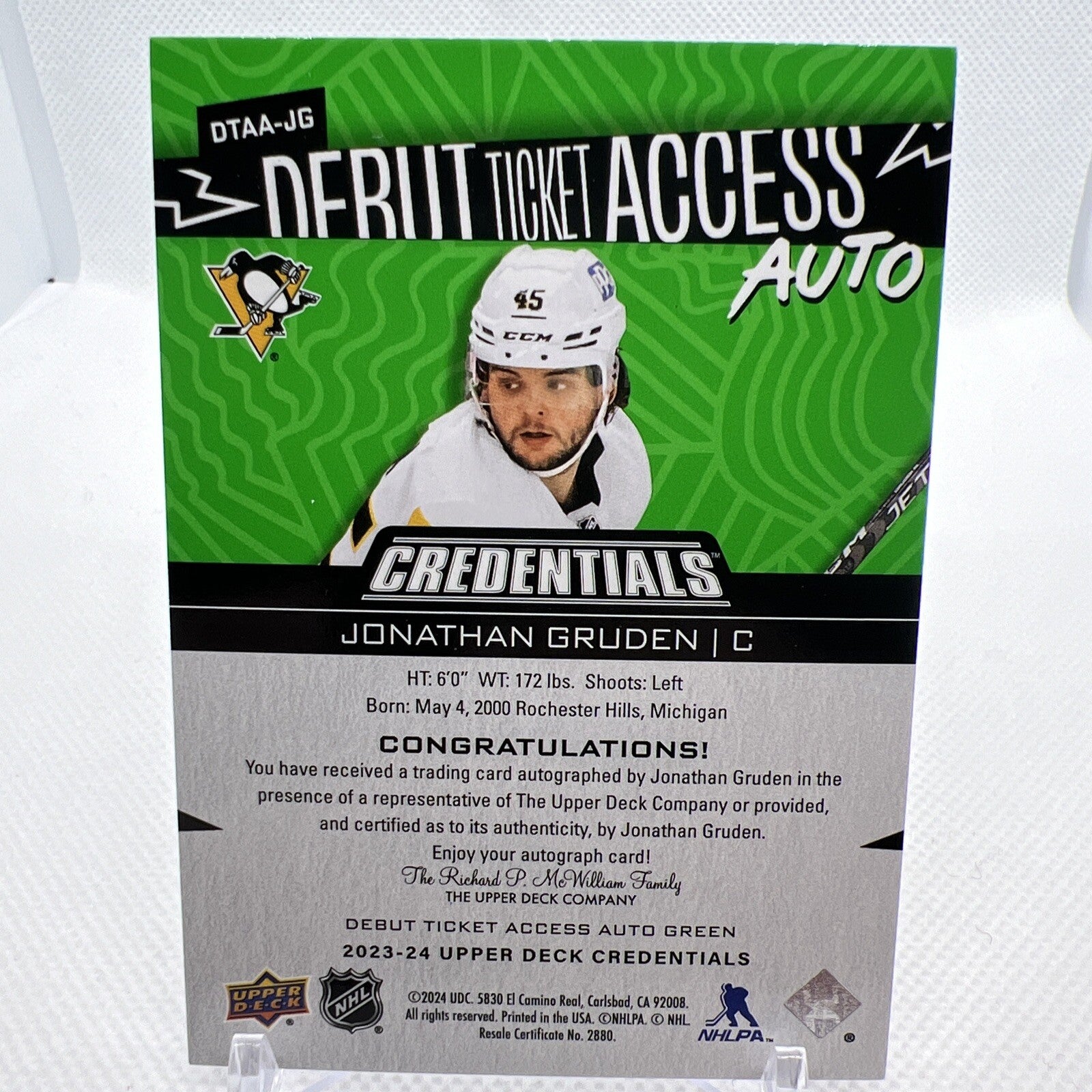 Jonathan Gruden 2023-24 Credentials Debut Ticket Access /25 Pittsburgh Penguins