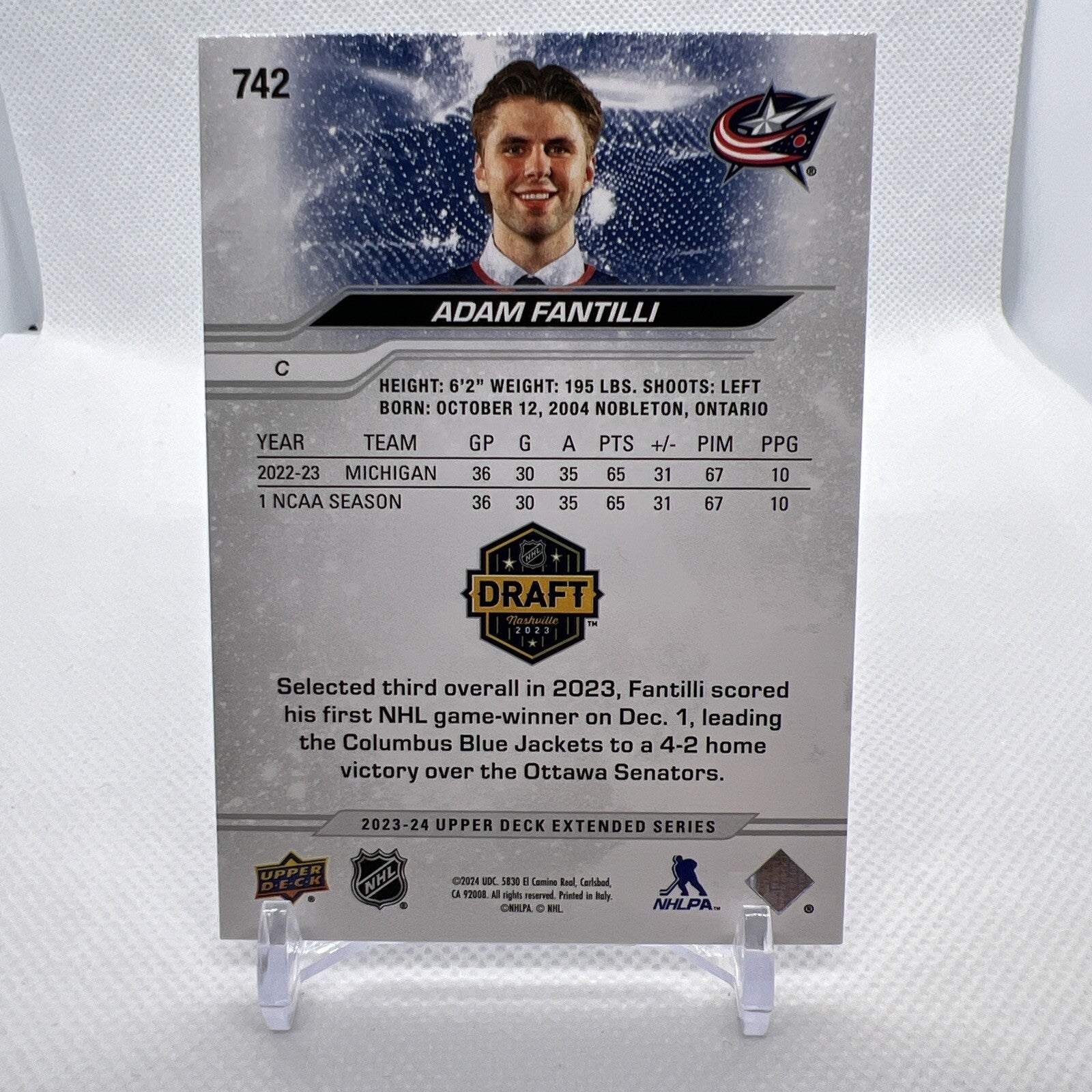 Adam Fantilli 2023-24 Upper Deck Draft Day Rookie Columbus Blue Jackets