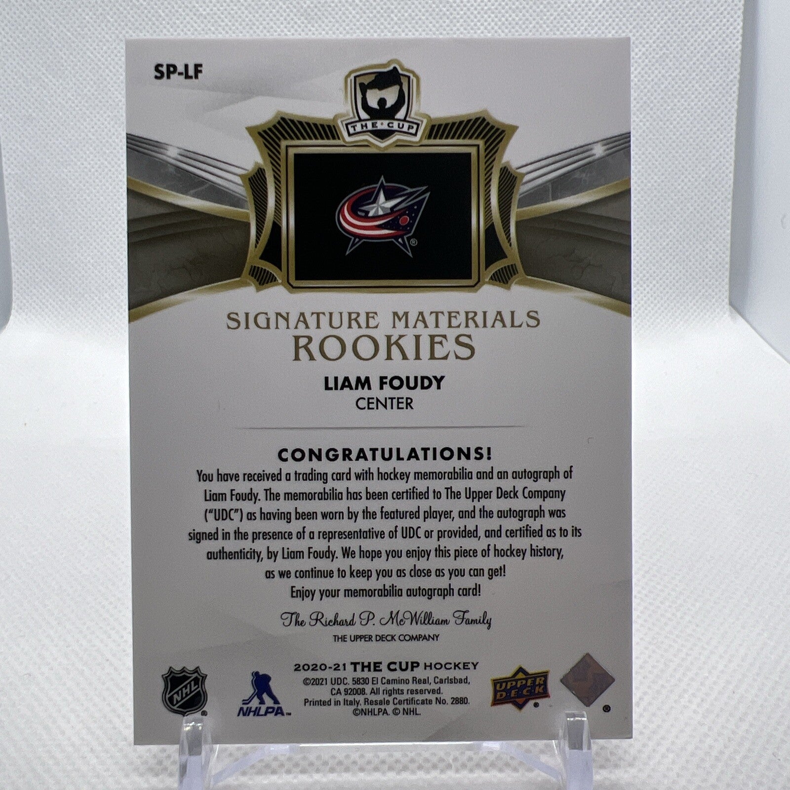 Liam Foudy 2020-21 The Cup Signature Materials Rookies /99 Columbus Blue Jackets