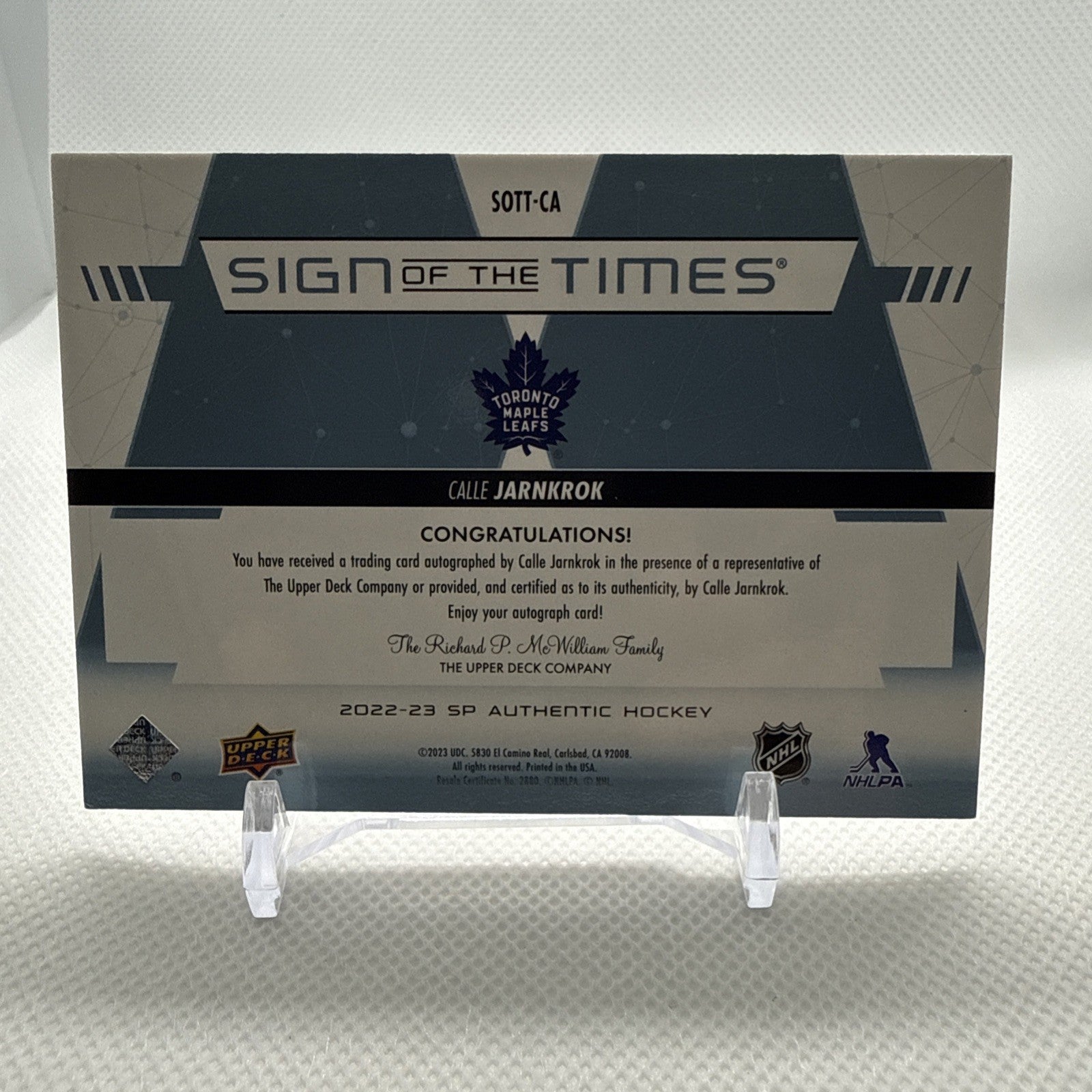 Calle Jarnkrok 2022-23 SP Authentic Sign of the Times Auto Toronto Maple Leafs