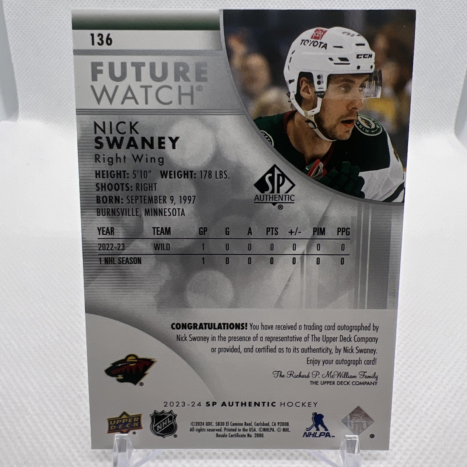 Nick Swaney 2023-24 SP Authentic Future Watch Auto Minnesota Wild