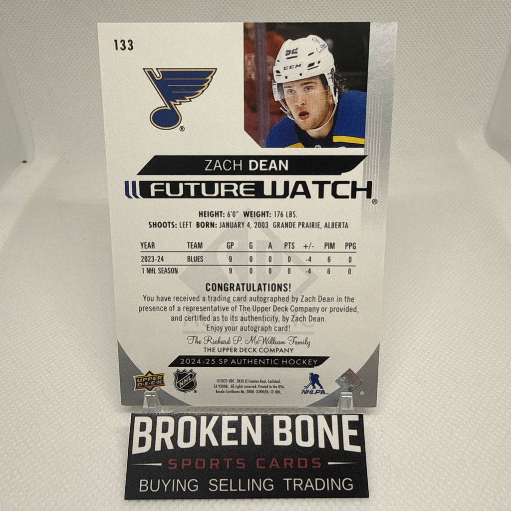 Zach Dean 2024-25 SP Authentic Future Watch Auto St. Louis Blues