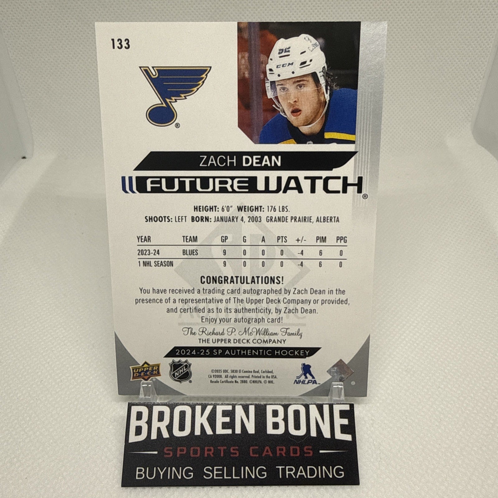 Zach Dean 2024-25 SP Authentic Future Watch Auto St. Louis Blues