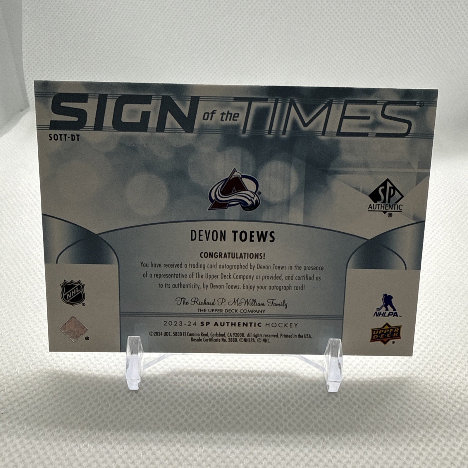 Devon Toews 2023-24 SP Authentic Sign Of the Times Auto Colorado Avalanche