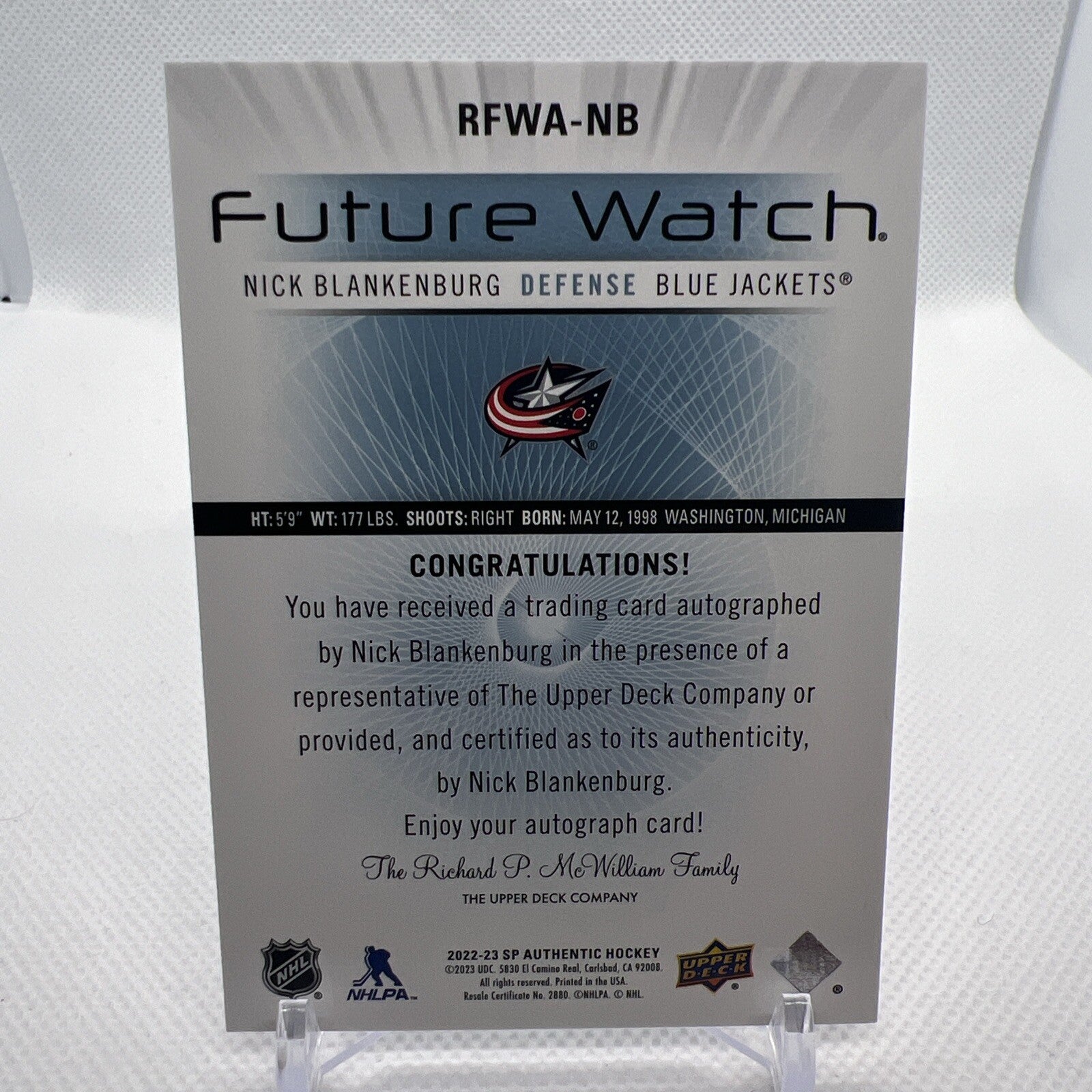 Nick Blankenburg 2022-23 SP Authentic Retro Future Watch Auto /699 Blue Jackets