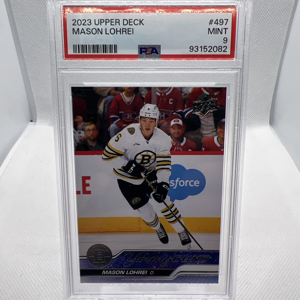 Mason Lohrei 2023-24 Upper Deck Young Guns PSA 9 Boston Bruins RC