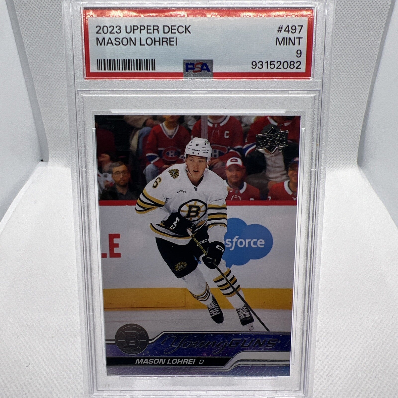 Mason Lohrei 2023-24 Upper Deck Young Guns PSA 9 Boston Bruins RC