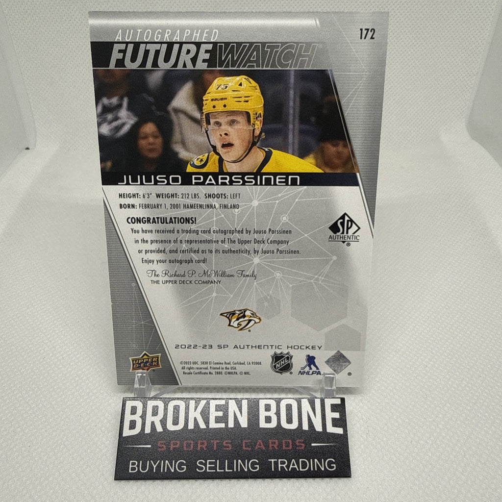 Juuso Parssinen 2022-23 SP Authentic Future Watch Auto /999 Nashville Predators