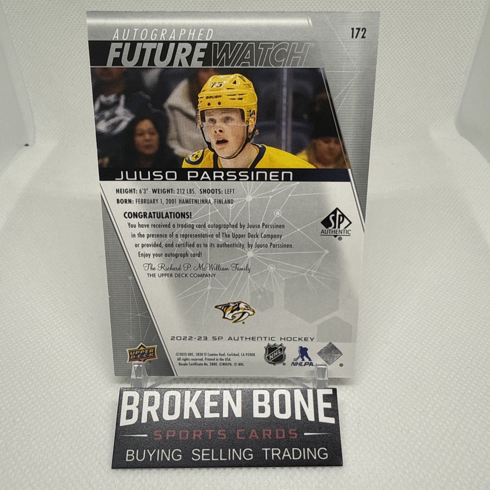 Juuso Parssinen 2022-23 SP Authentic Future Watch Auto /999 Nashville Predators