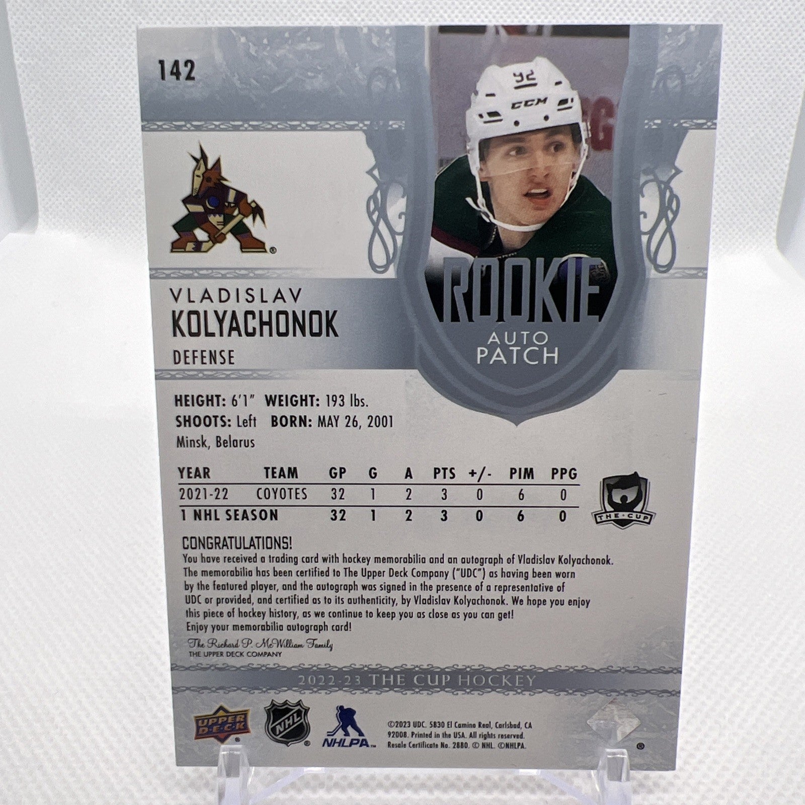 Vladislav Kolyachonok 2022-23 The Cup Rookie Patch Auto /249 Arizona Utah