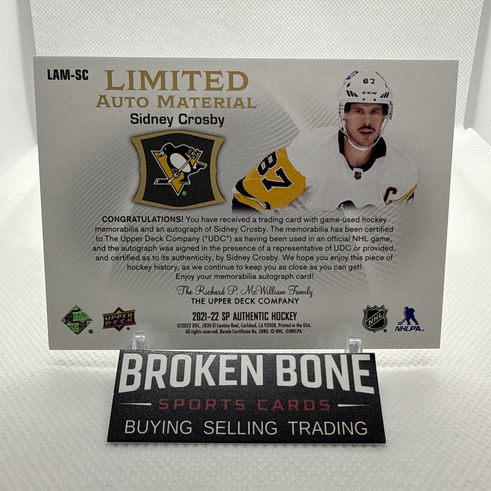 Sidney Crosby 2021-22 SP Authentic Limited Auto Material /10 Pittsburgh Penguins