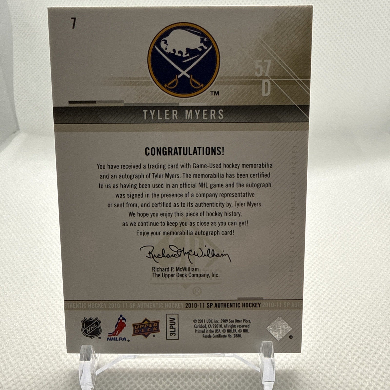 Tyler Myers 2010-11 SP Authentic Limited Auto Material /100 Buffalo Sabres