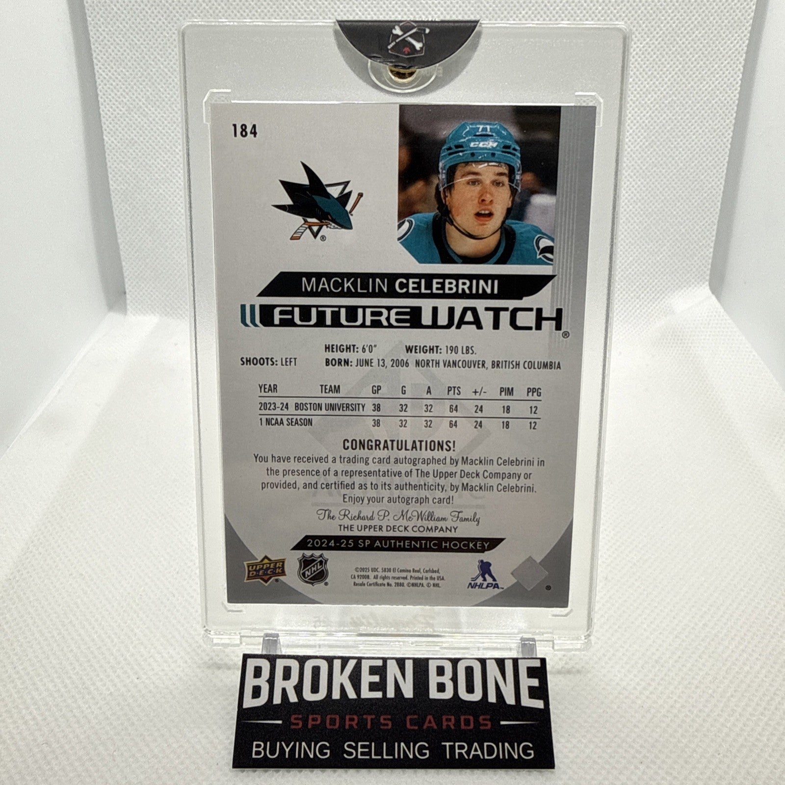 Macklin Celebrini 2024-25 SP Authentic Future Watch Auto Rookie San Jose Sharks