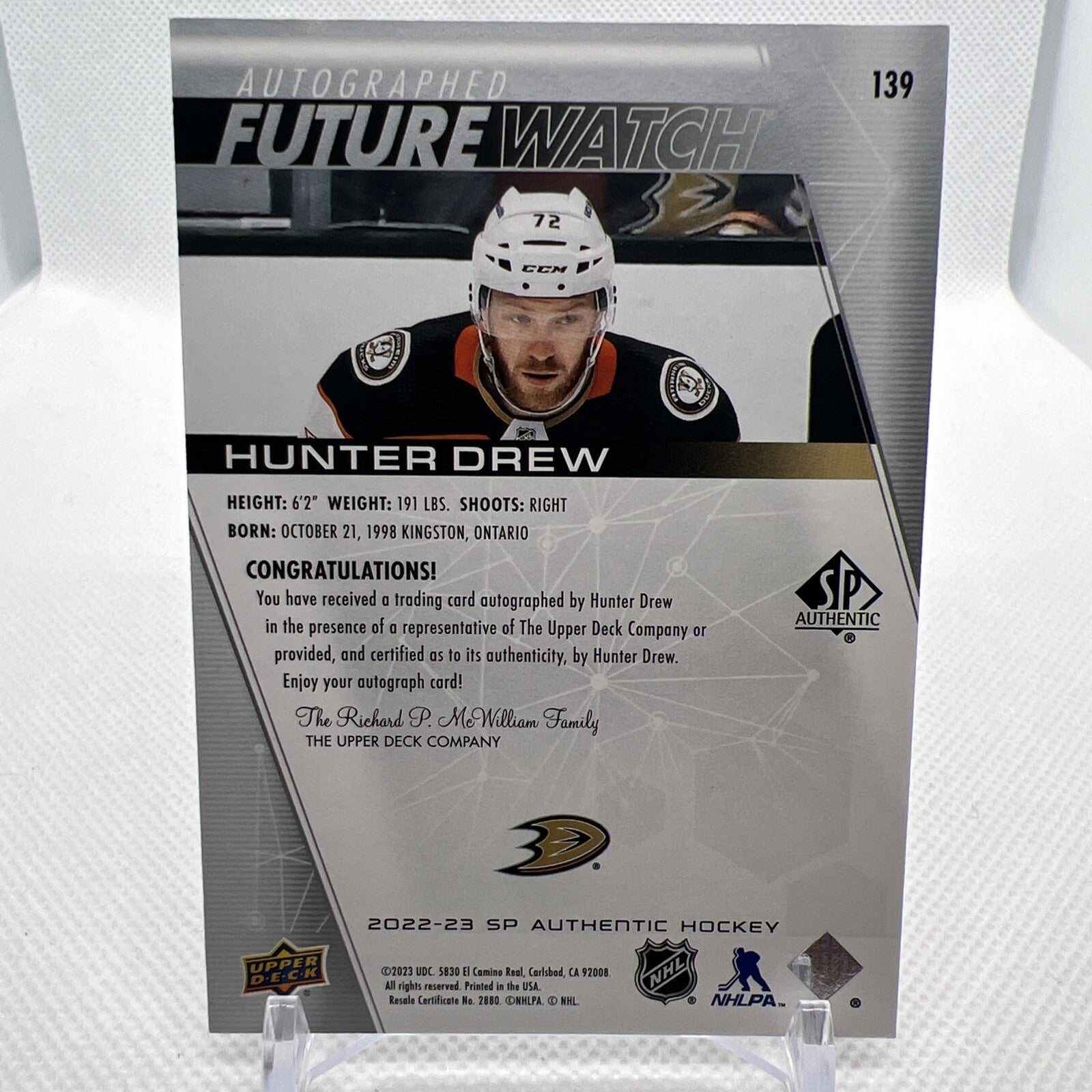 Hunter Drew 2022-23 SP Authentic Future Watch Auto /999 Anaheim Ducks