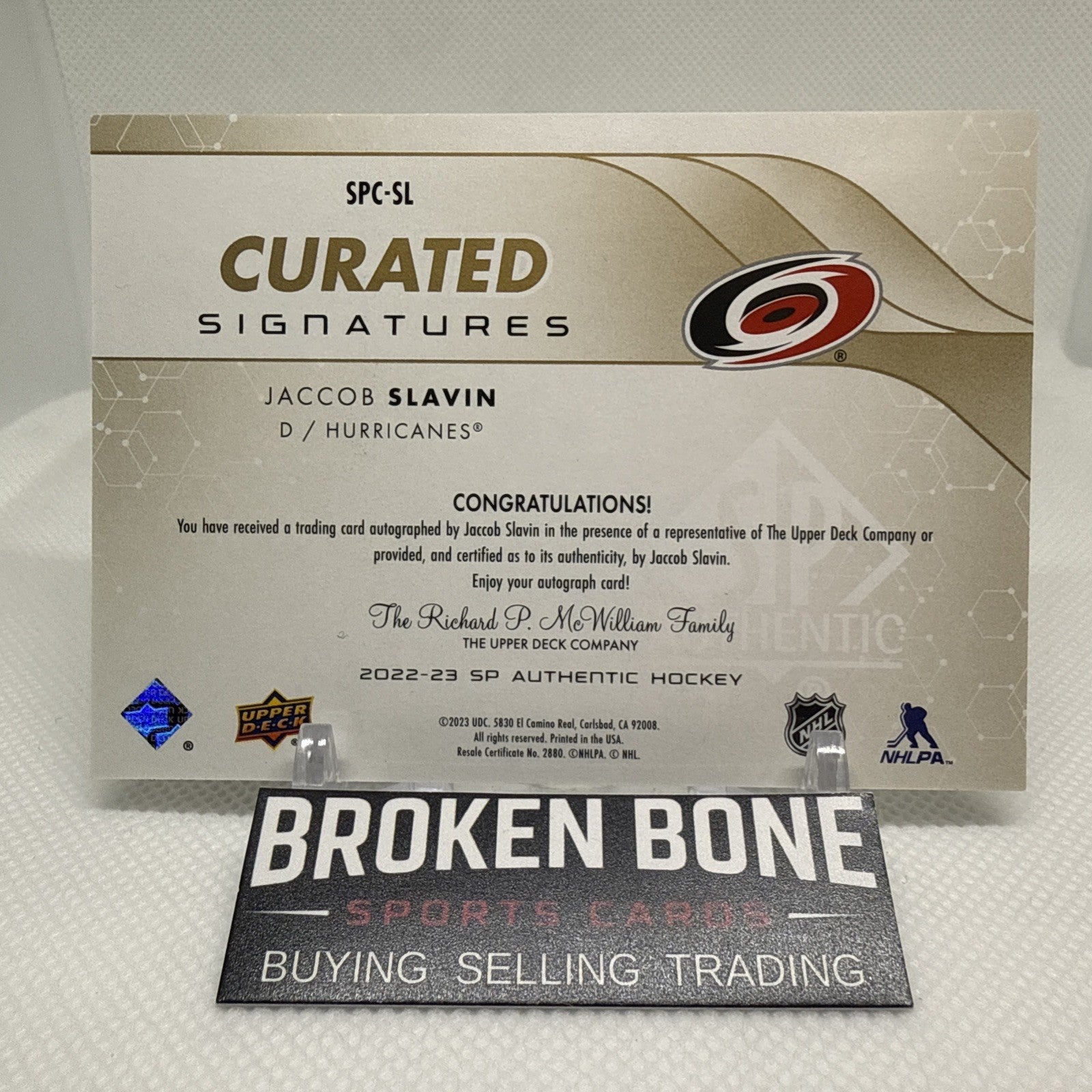 Jacob Slavin 2022-23 SP Authentic Curated Signatures /199 Carolina Hurricanes