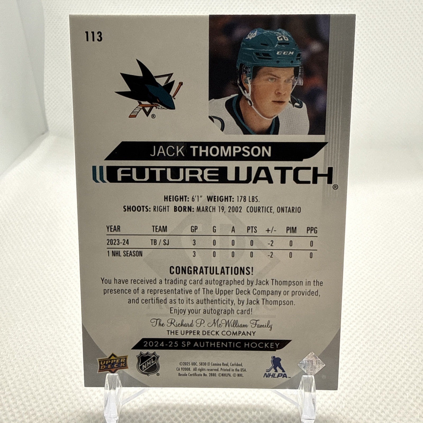 Jack Thompson 2024-25 SP Authentic Future Watch Auto San Jose Sharks