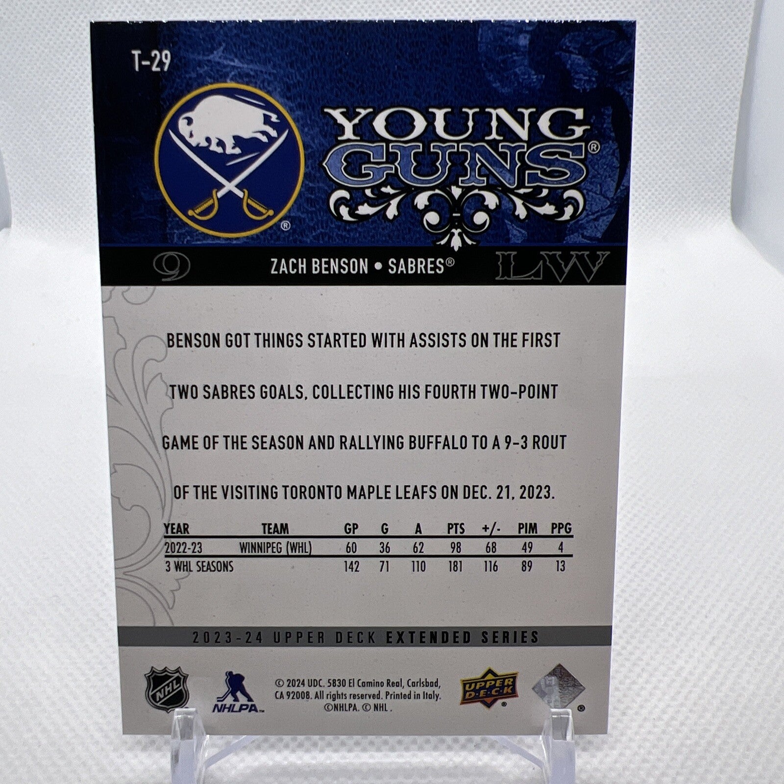 Zach Benson 2023-24 Upper Deck Retro Young Guns Buffalo Sabres RC