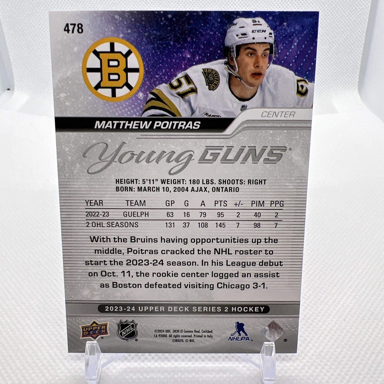 Matthew Poitras 2023-24 Upper Deck Young Guns Rookie Boston Bruins 2 RC