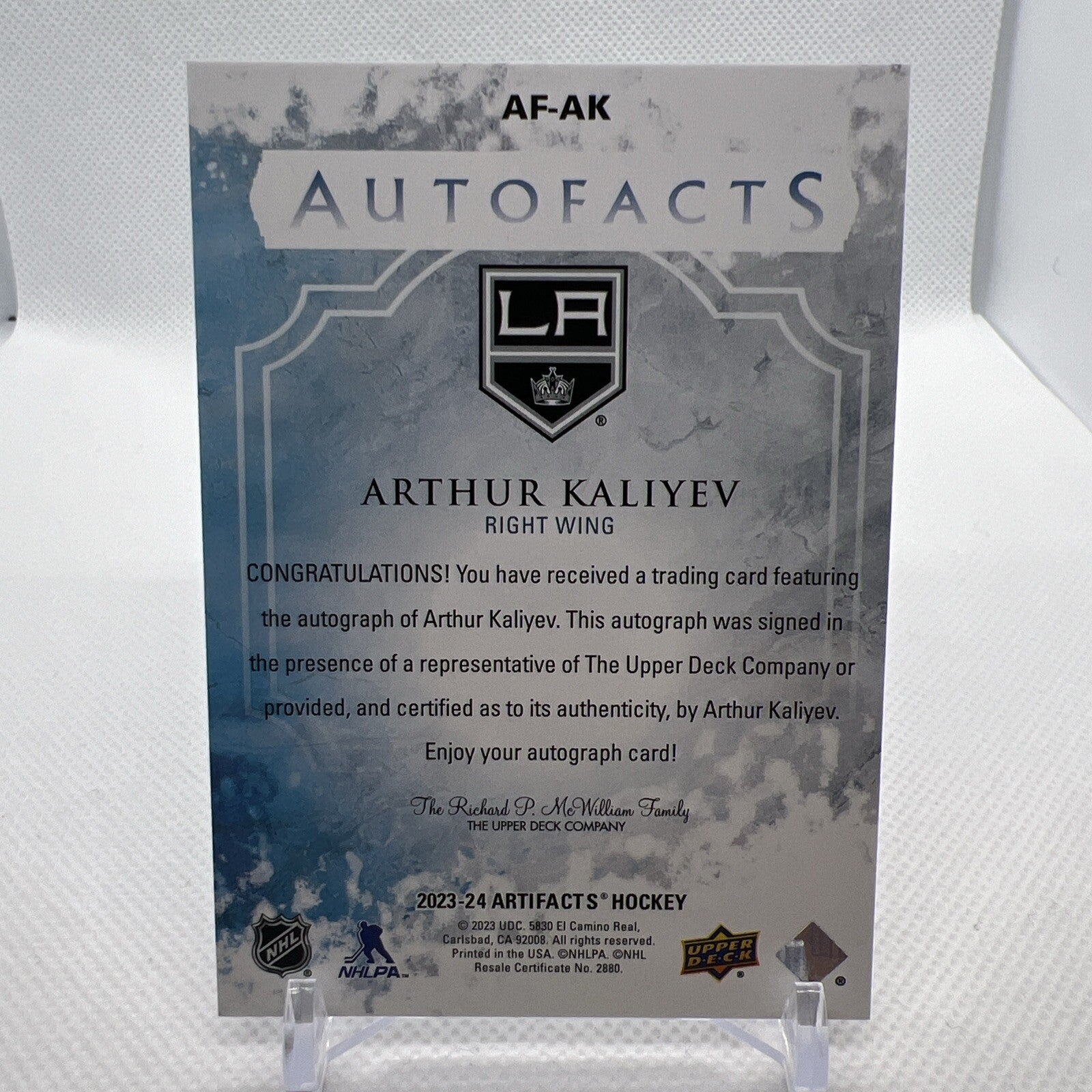 Arthur Kaliyev 2023-24 Upper Deck Artifacts Autofacts Autograph LA Kings