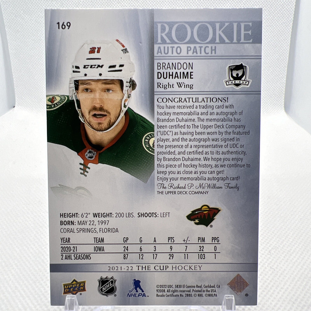Brandon Duhaime 2021-22 The Cup Rookie Patch Auto /249 Minnesota Wild