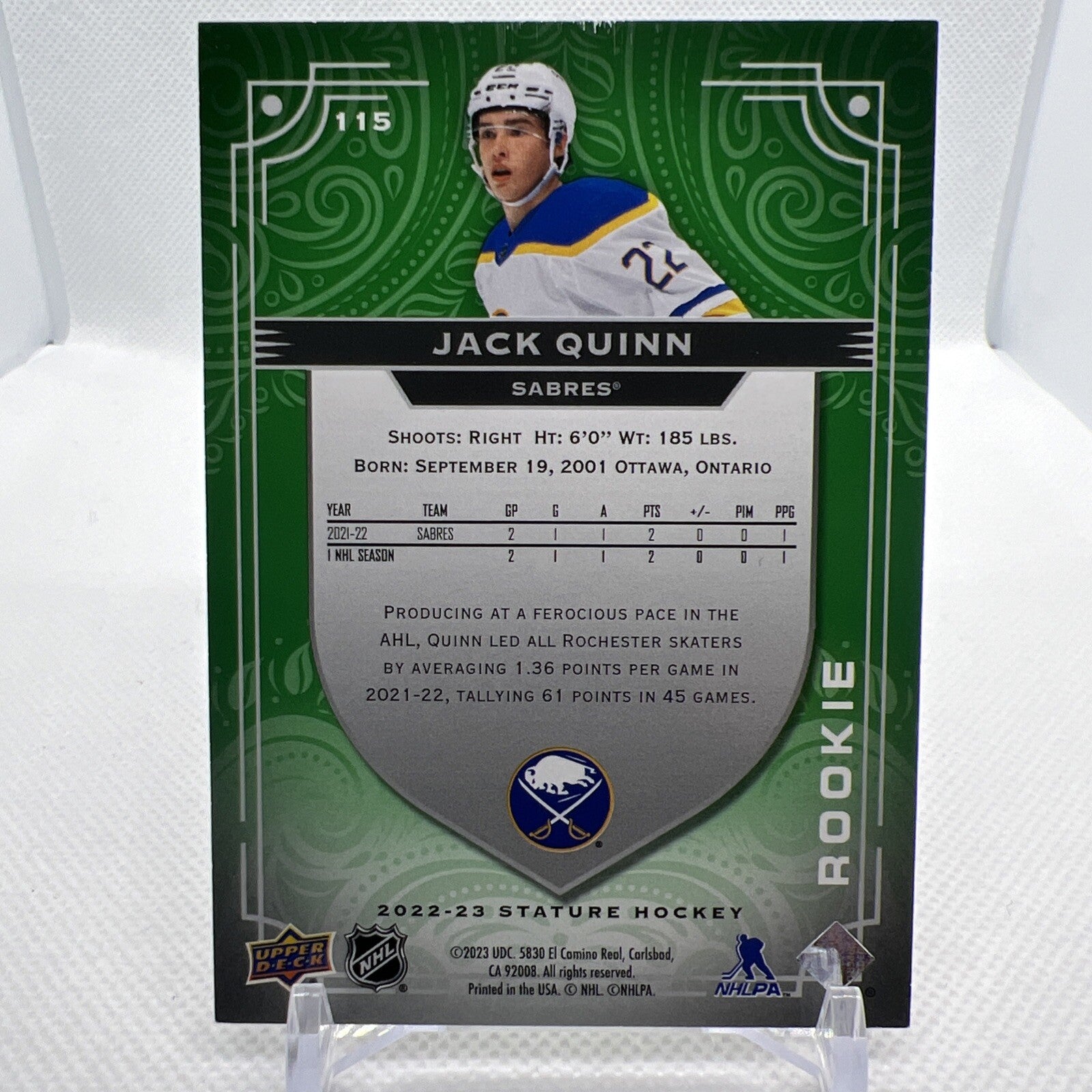 Jack Quinn 2022-23 Stature Green Photo Variant Rookie /66 Buffalo Sabres