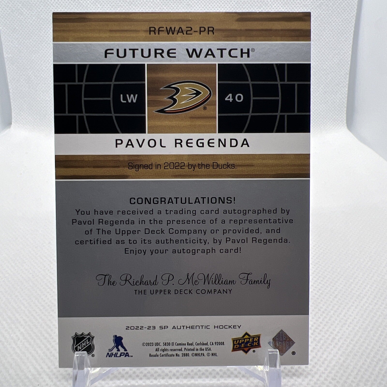 Pavel Regenda 2022-23 SP Authentic Retro Future Watch Auto /399 Anaheim Ducks