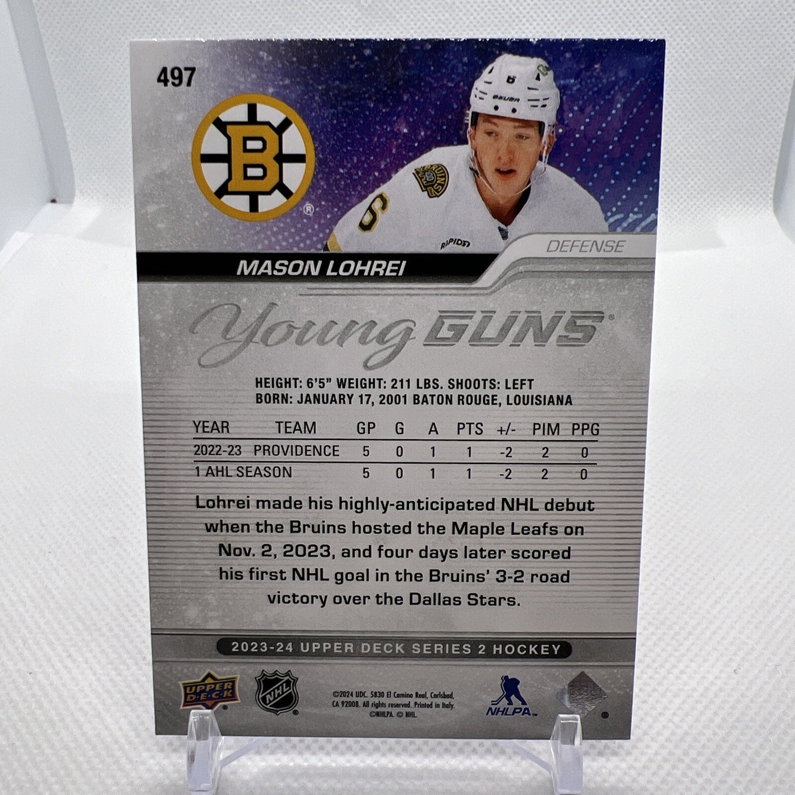Mason Lohrei 2023-24 Upper Deck Young Guns Rookie Boston Bruins 2 RC