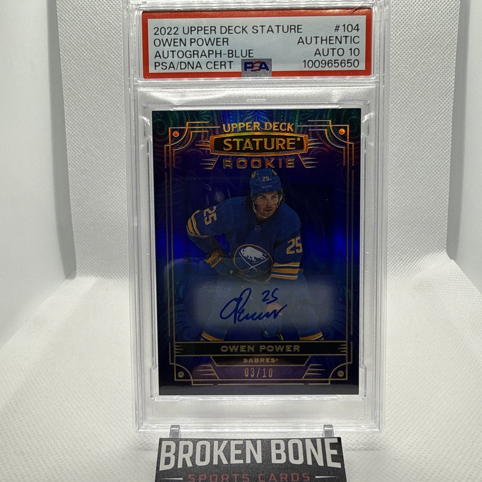 Owen Power 2022 Upper Deck Stature Blue Rookie Auto /10 PSA 10 Buffalo Sabres