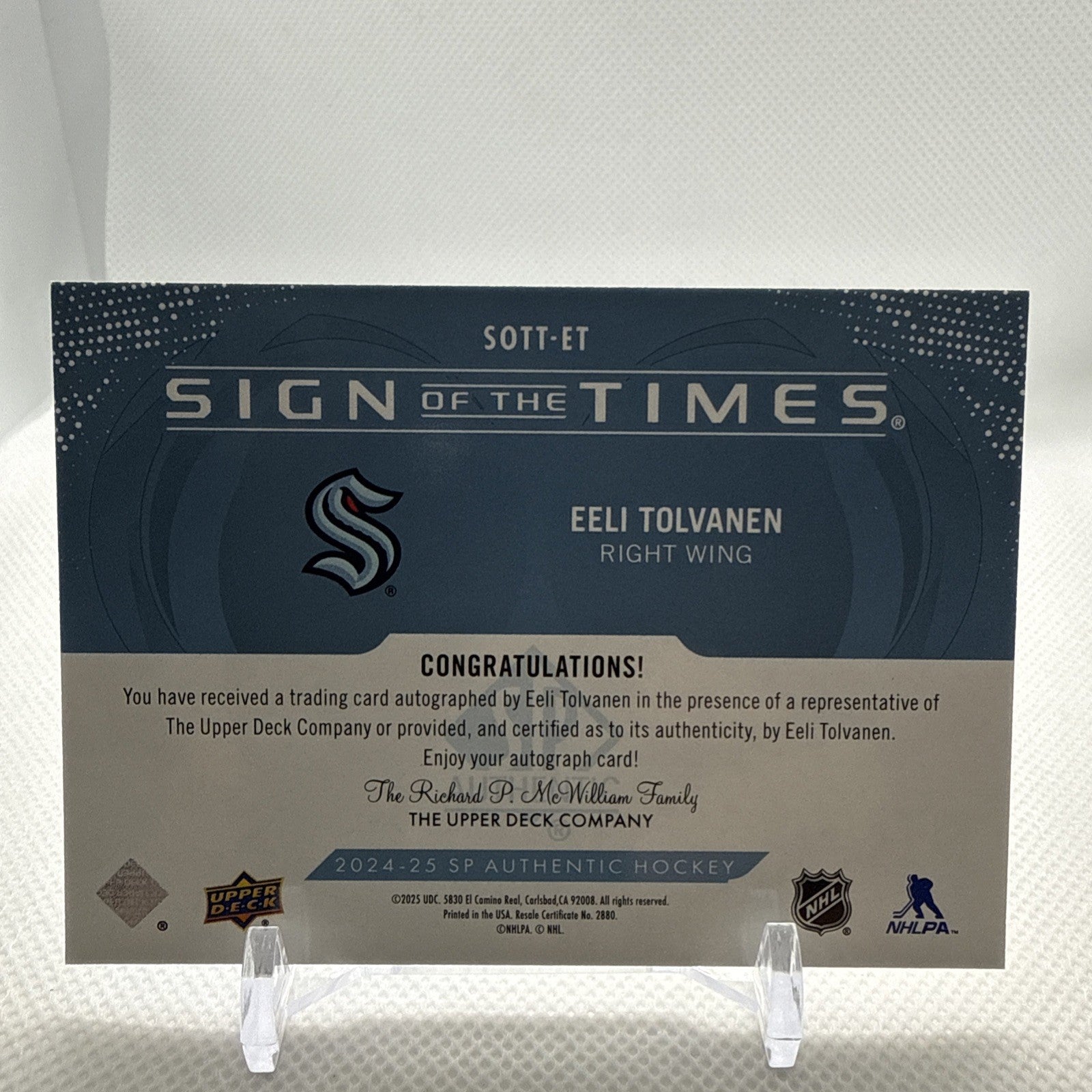 Eeli Tolvanen 2024-25 SP Authentic Sign of the Times Auto Seatlle Kraken