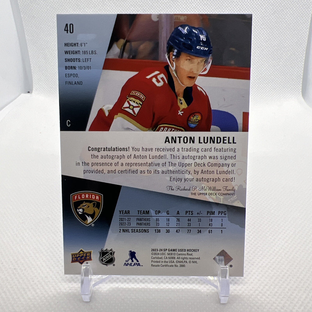 Anton Lundell 2023-24 SP Game Used Auto Florida Panthers