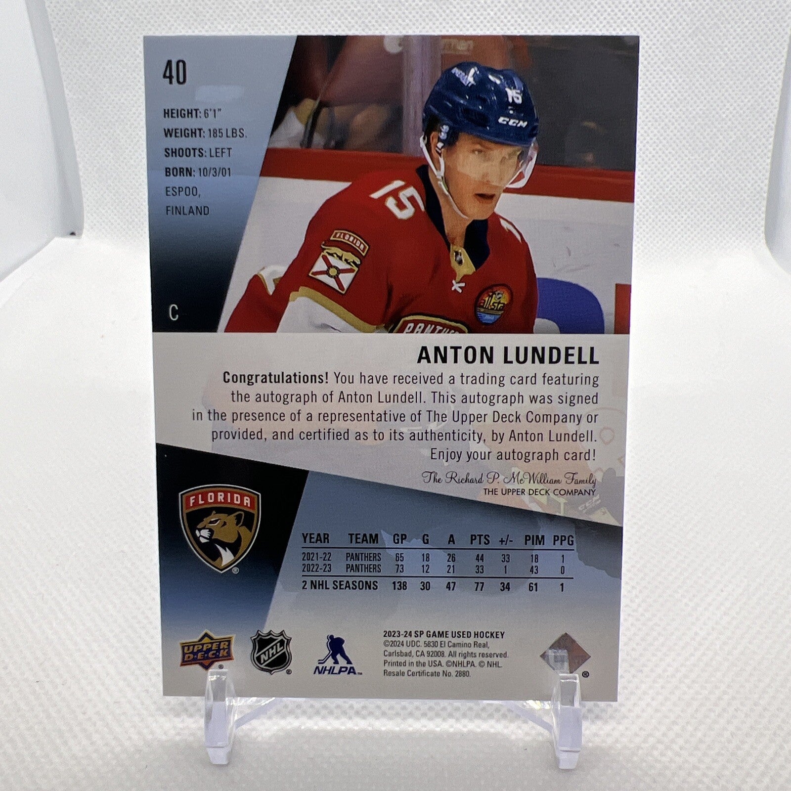 Anton Lundell 2023-24 SP Game Used Auto Florida Panthers