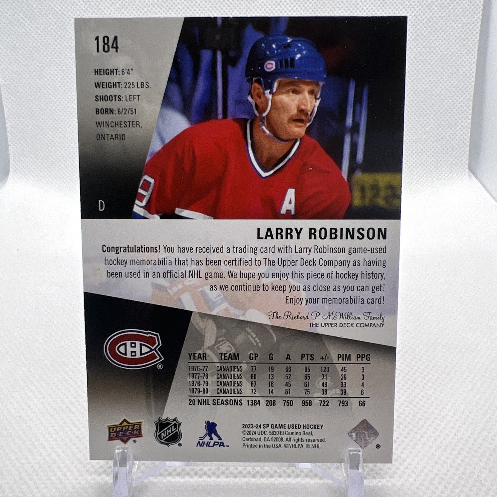 Larry Robinson 2023-24 SP Game Used Legend Game Used Patch /15 Canadiens