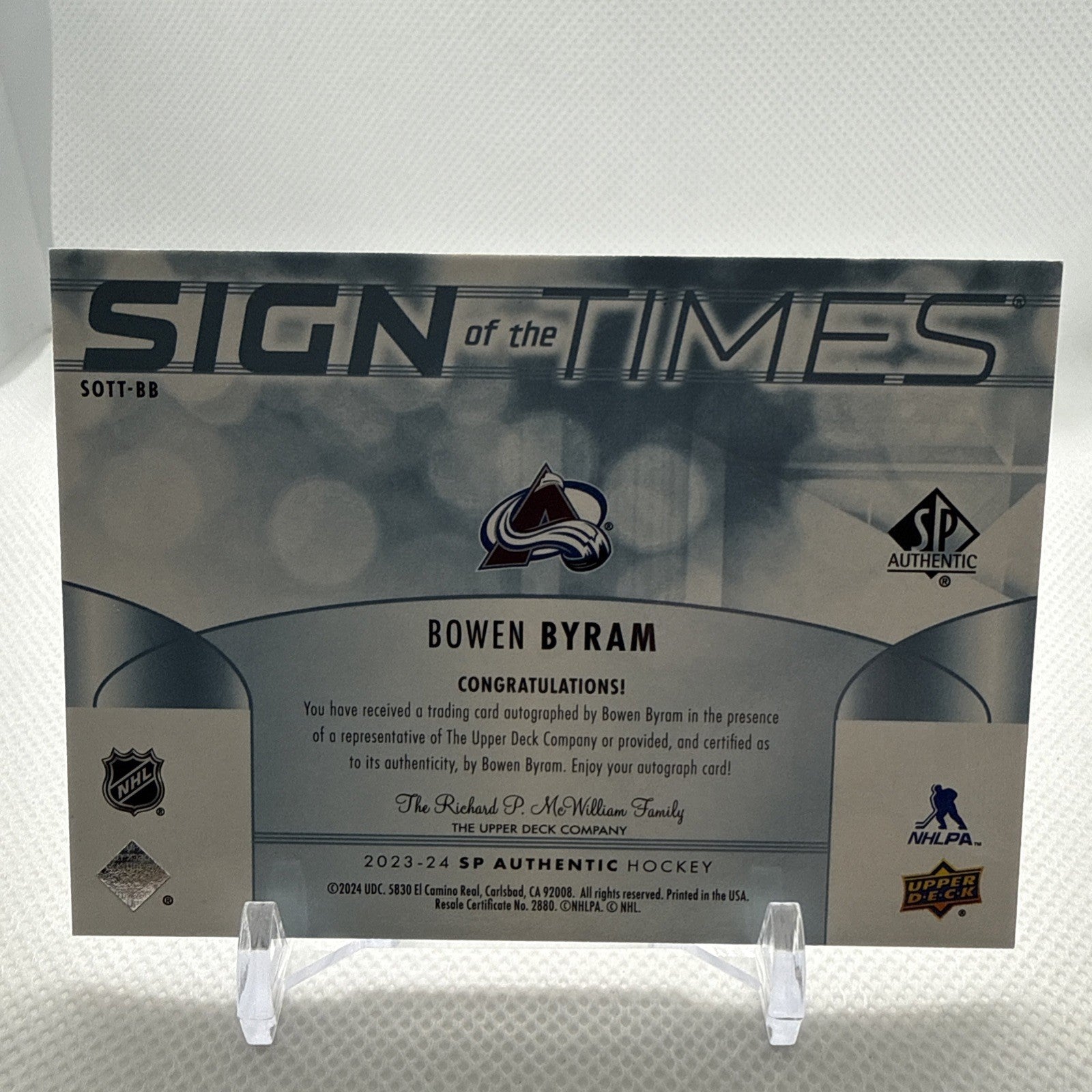 Bowen Byram 2023-24 SP Authentic Sign of the Times Colorado Avalanche