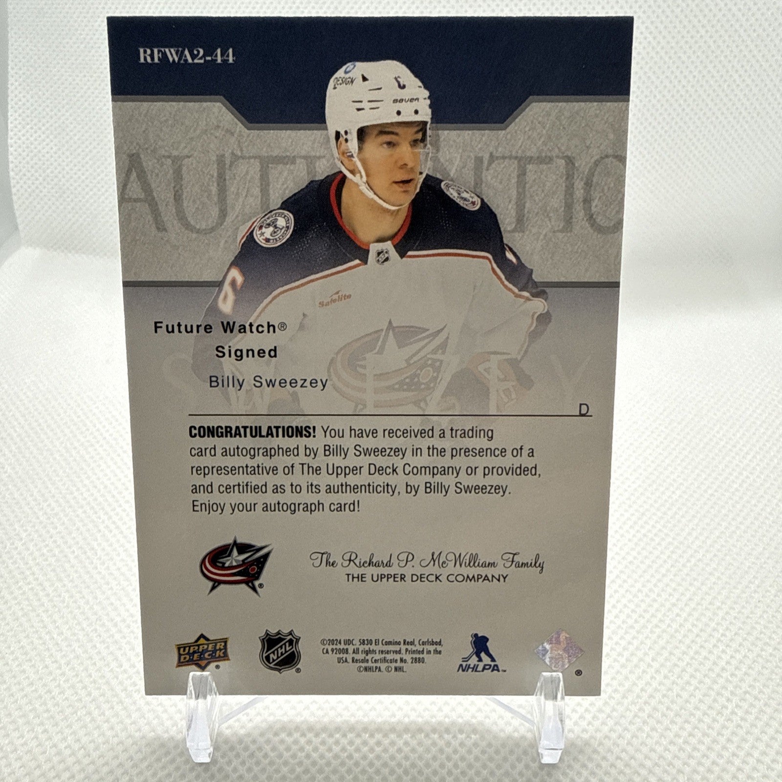 Billy Sweezey 2023-24 SP Authentic Future Watch Auto Retro Columbus Blue Jackets