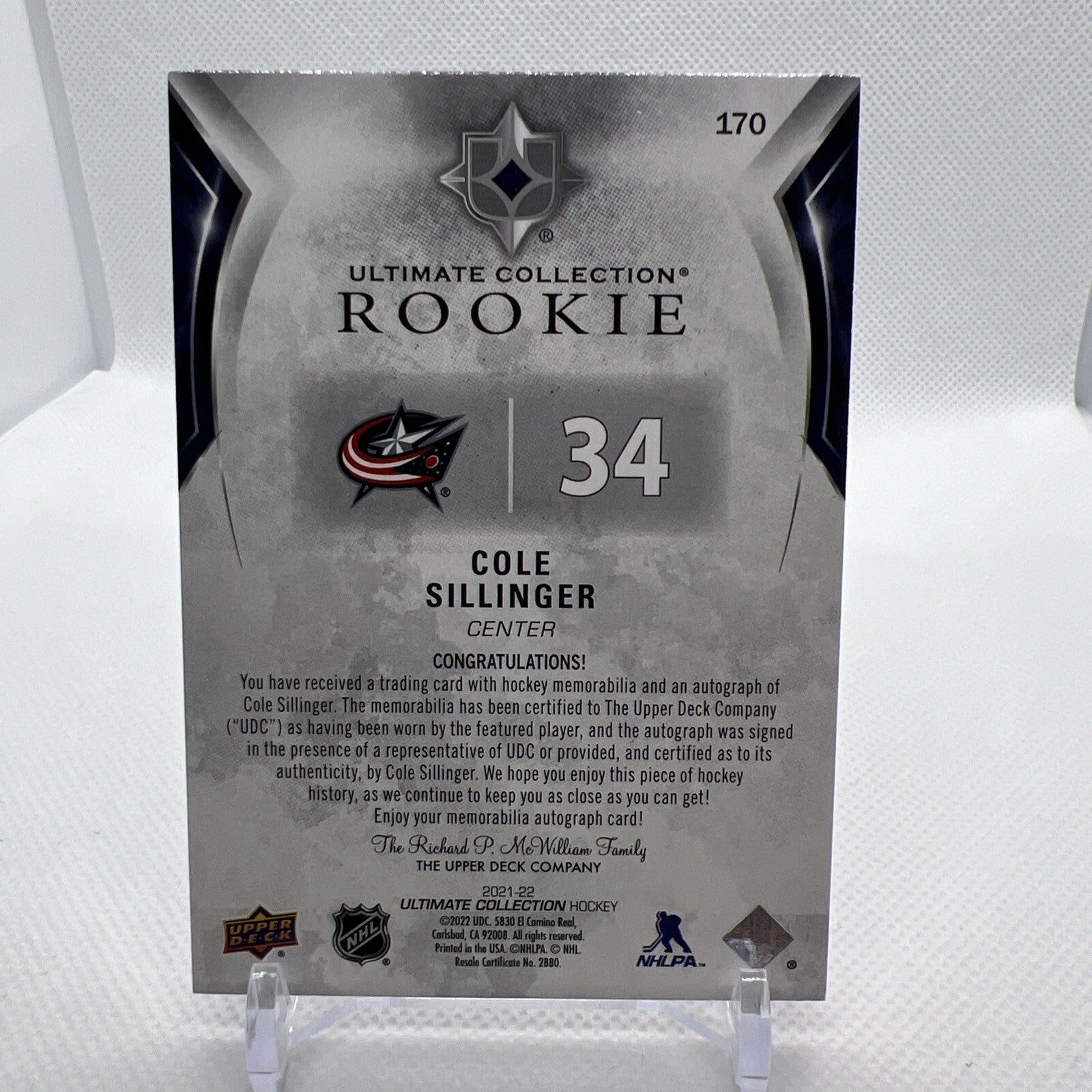 Cole Sillinger 2021-22 Ultimate Rookie Patch Auto Columbus Blue Jackets /99