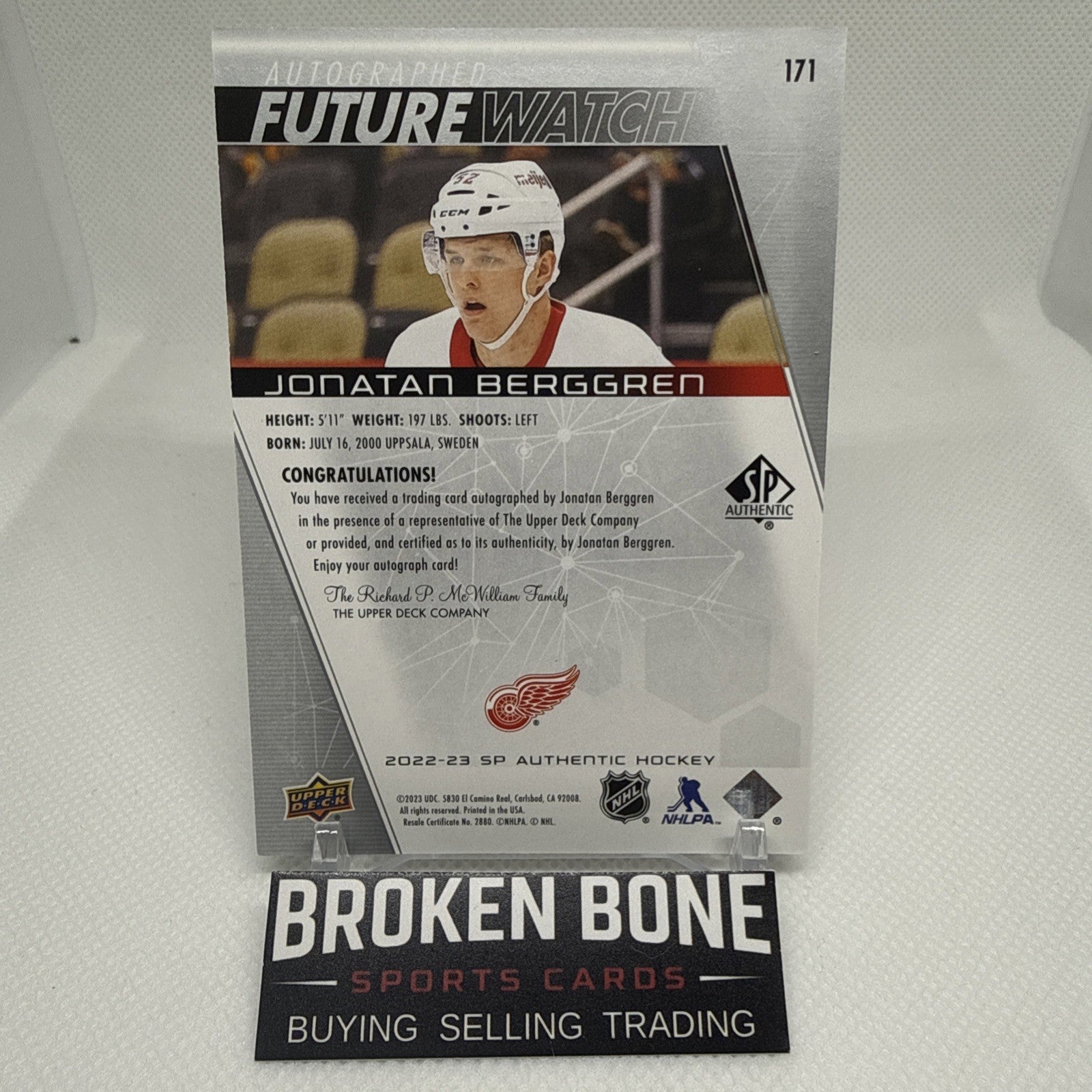 Jonatan Berggren 2022-23 SP Authentic Future Watch Auto /999 Detroit Red Wings