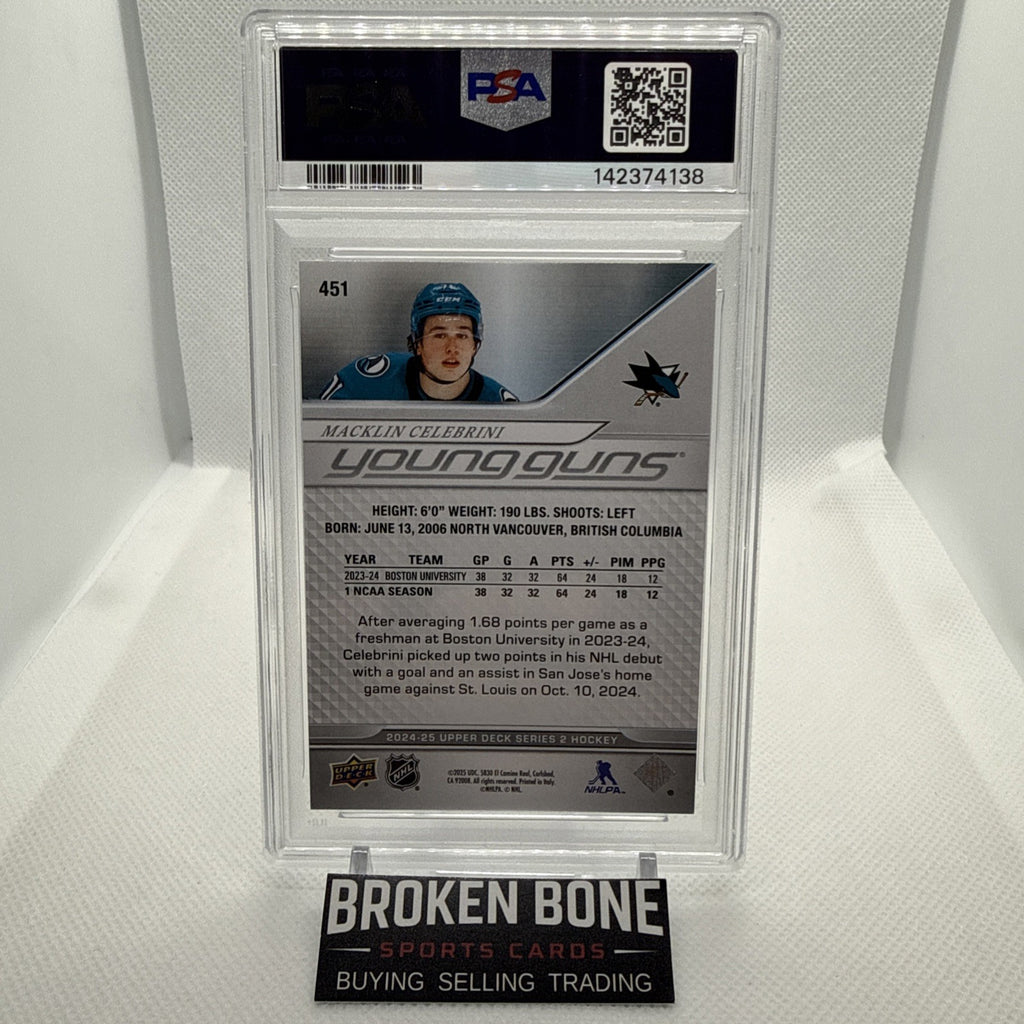 Macklin Celebrini 2025 Upper Deck Young Guns Rookie PSA 10 San Jose Sharks