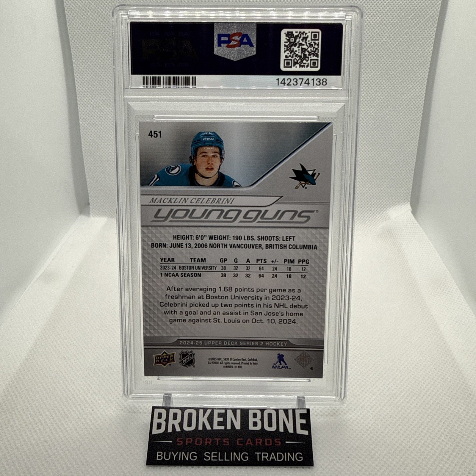 Macklin Celebrini 2025 Upper Deck Young Guns Rookie PSA 10 San Jose Sharks