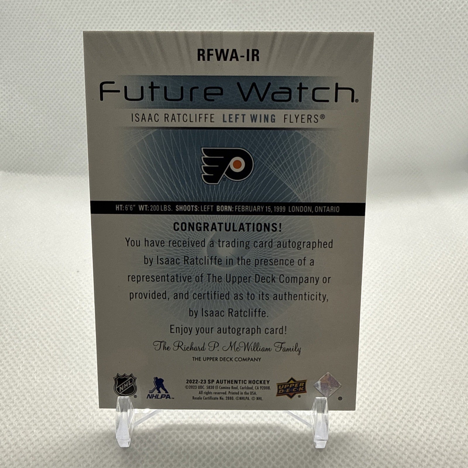 Isaac Ratcliffe 2022-23 SP Authentic Future Watch Auto Retro Philadelphia Flyers