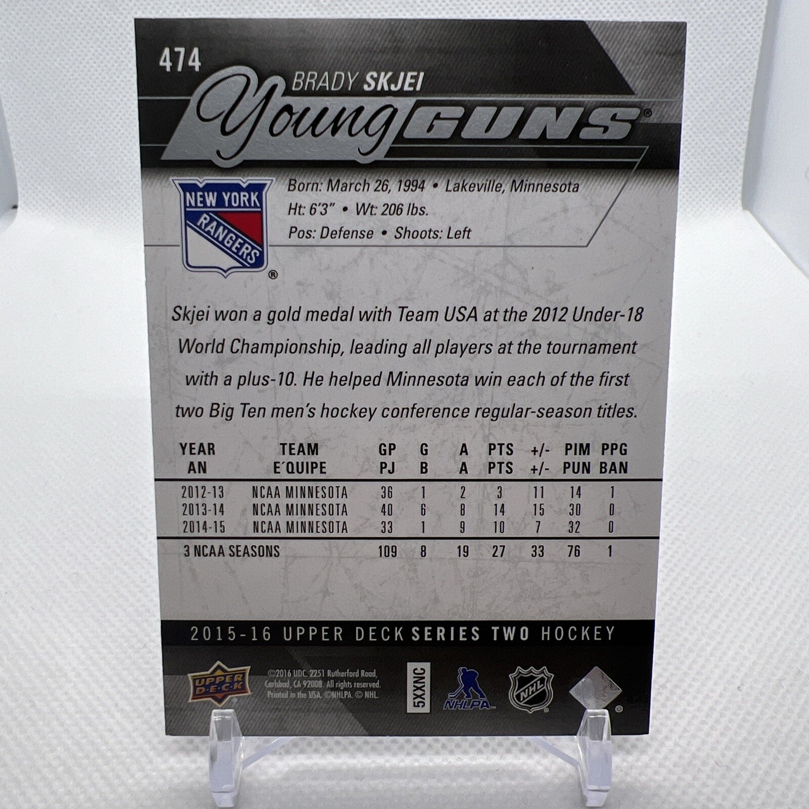Brady Skjei 2015-16 Upper Deck Young Guns New York Rangers Rookie RC