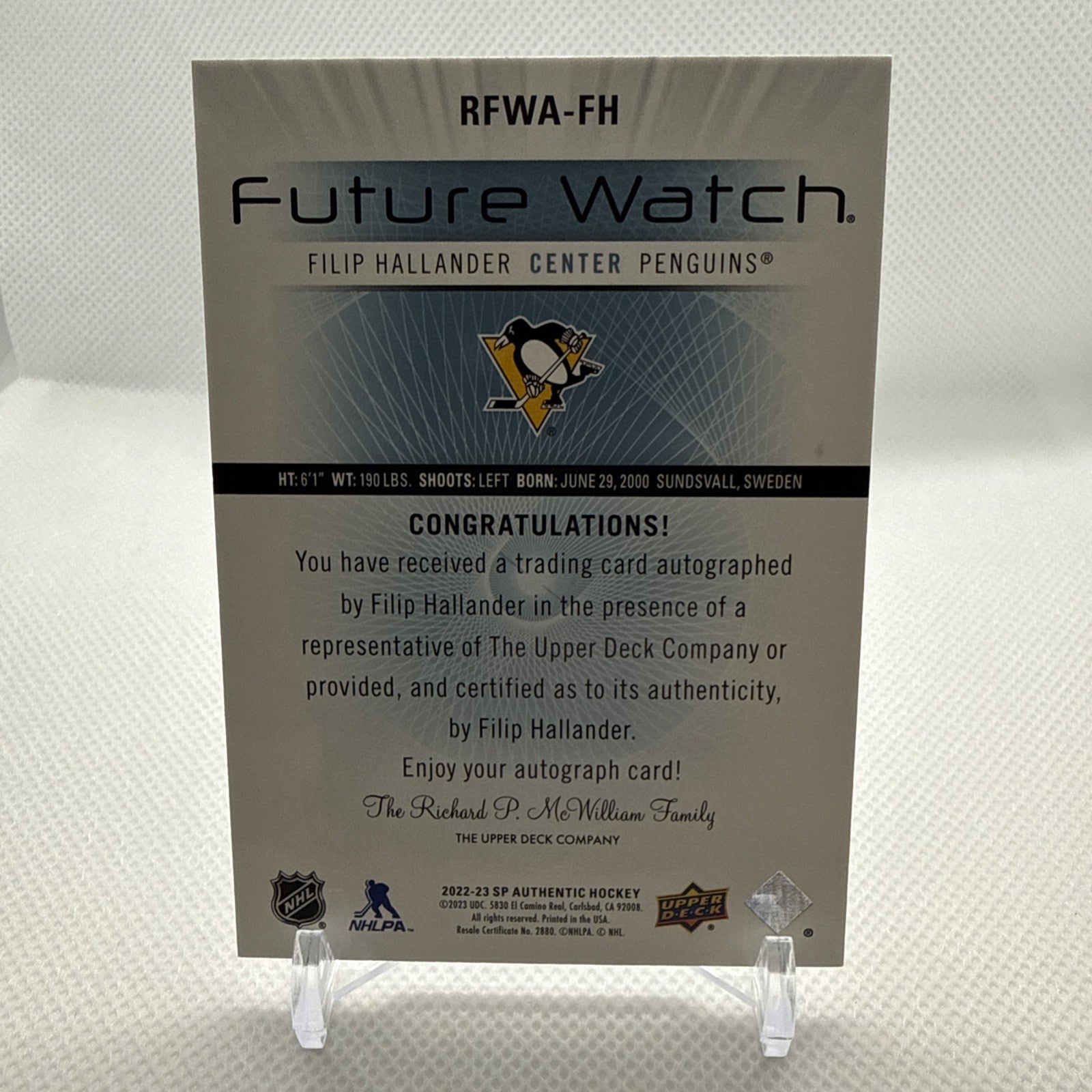 Filip Hallander 2022-23 SP Authentic Future Watch Auto Retro Pittsburgh Penguins