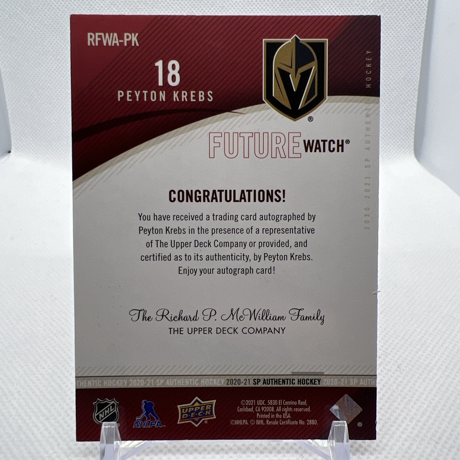 Peyton Krebs 2020-21 SP Authentic Retro Future Watch Auto /399 Golden Knights