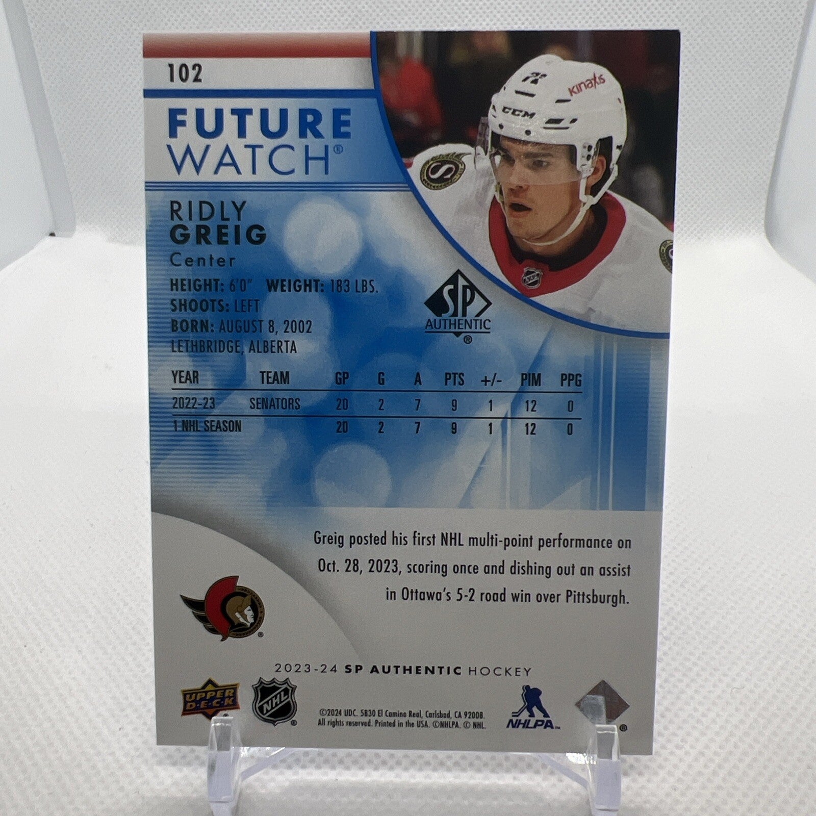 Ridly Greig 2023-24 SP Authentic Blue Future Watch /399 Ottawa Senators