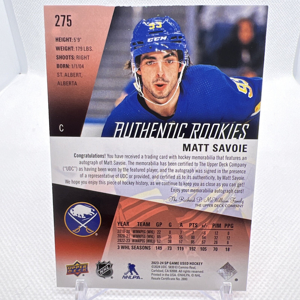 Matt Savoie 2023-24 SP Game Used Authentic Rookies Patch Auto Buffalo Sabres