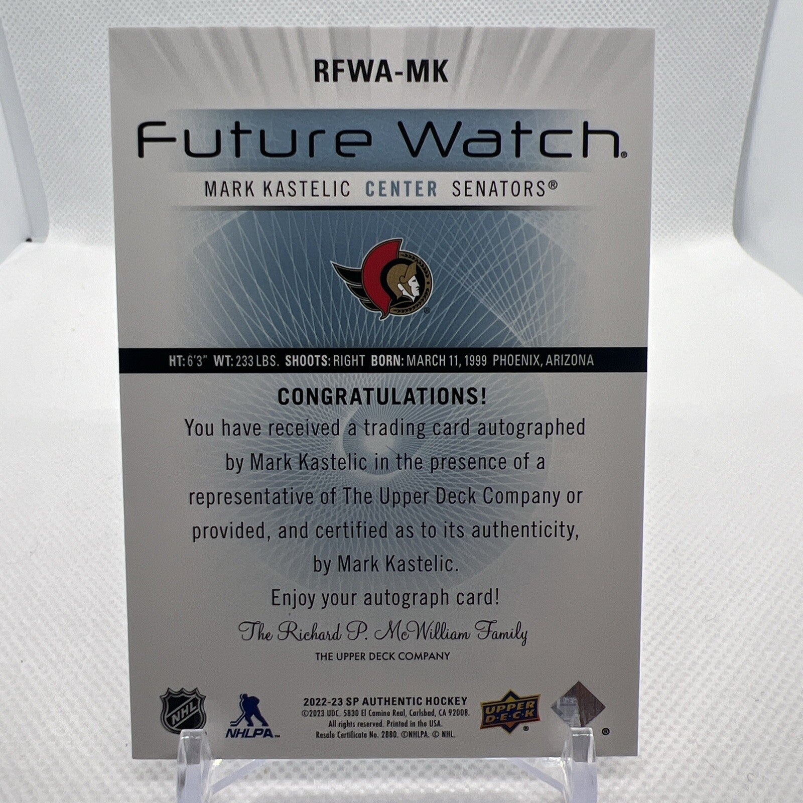 Mark Kastelic 2022-23 SP Authentic Retro Future Watch Auto /699 Ottawa Senators