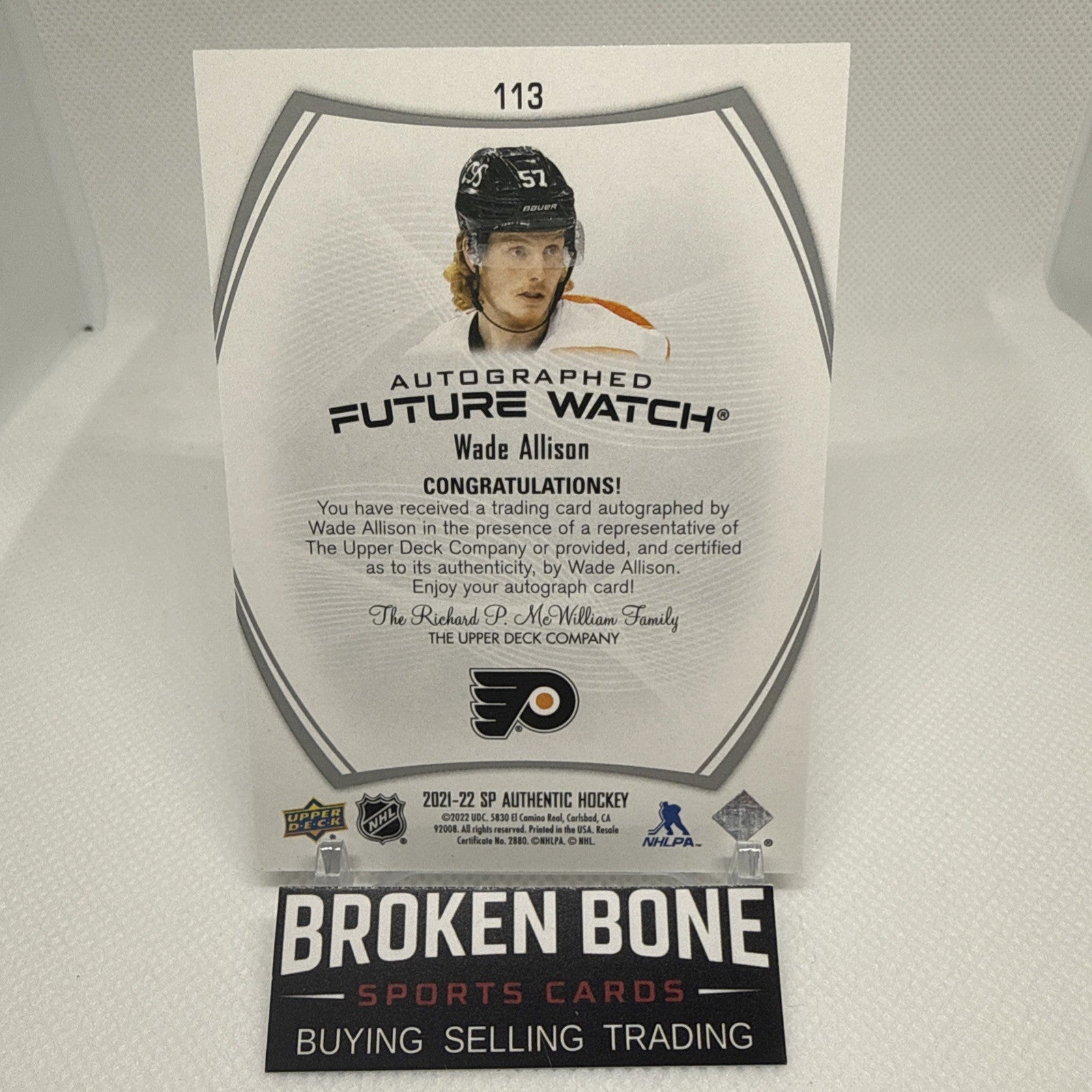 Wade Allison 2021-22 SP Authentic Future Watch Auto /999 Philadelphia Flyers