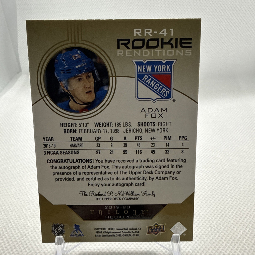 Adam Fox 2019-20 Upper Deck Trilogy Rookie Renditions Auto New York Rangers