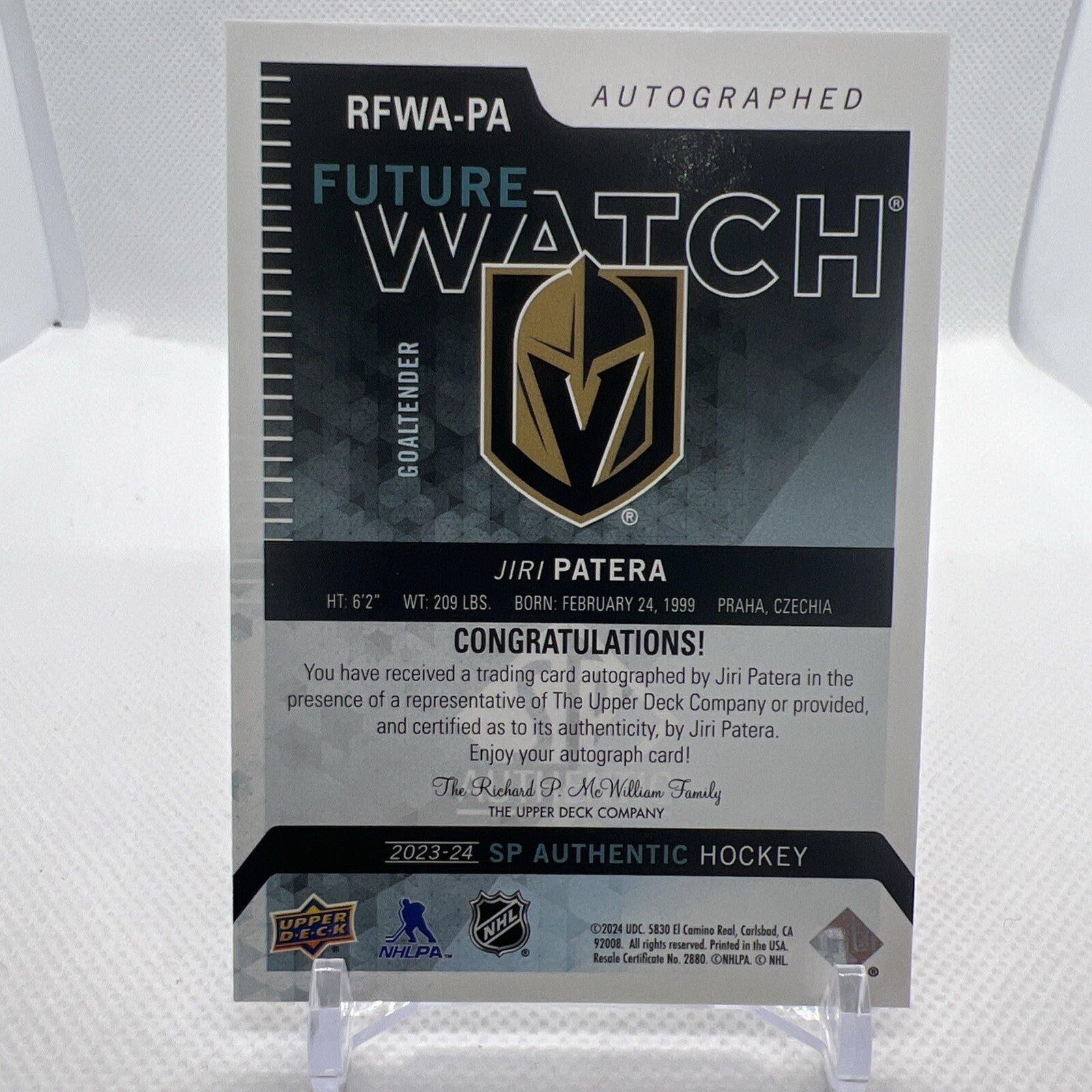 Jiri Patera 2023-24 SP Authentic Retro Future Watch Auto /699 Golden Knights