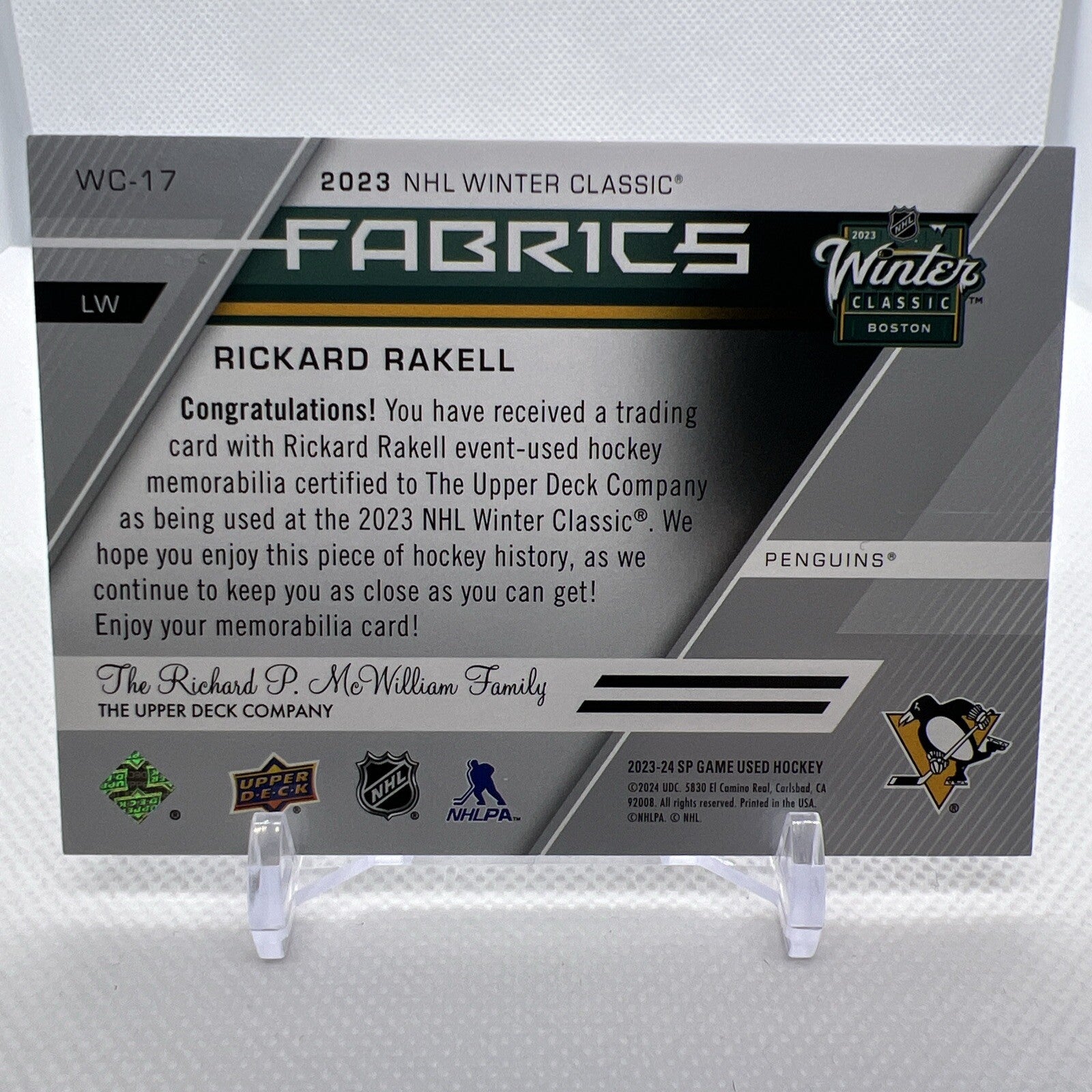 Rickard Rakell 2023-24 SP Game Used Winter Classic Fabrics Pittsburgh Penguins
